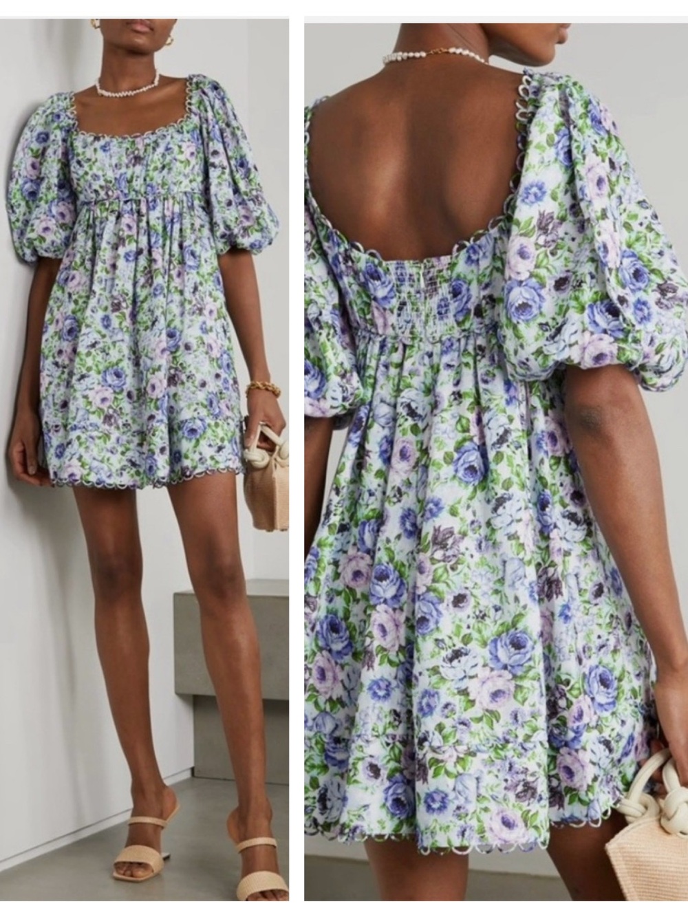 Zimmermann Floral Print Lavender and Green Puff-Sleeve Mini Babydoll Dress 1
